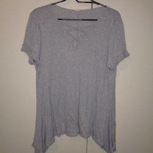 Lazy Sundays Flowy Slouchy Grey Short Sleeve Point Hem Cross Detail Neckline Top